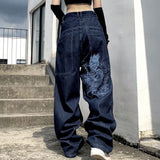 Popular Skeleton Bone Embroidered Jeans Women Y2K New Harajuku Hip Hop Straight High Waisted Jeans Punk Casual Baggy