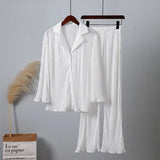Women's Shirt Pleated Two Piece Set Loose High Waist Wide Leg Pants Suit 2022 Casual Elegant Office Ladies Female