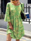 Elegant Lady 3/4 Sleeve Loose A-Line Dress Vintage Printed Waist Beach Dress Vestidos Women Retro O-Neck Mini Boho