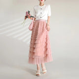 Solid Color Cake Long Skirt Mesh Puffy Women Sexy Korean Floor Length Party Skirts Loose Elastic Female Ball Gown