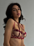 Red Belted Strappy Mesh Lingerie Set-Outfit