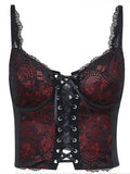 Spaghetti Straps Dark Red Lace Up Corset Camis Floral Bandage Harajuku Sling Tee Y2K Retro Fairycore Grunge Cropped