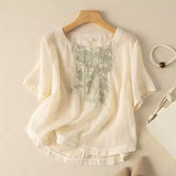 Cotton T-Shirt Women's Summer Size 2025 New Mother Loose Rib Linen Short-Sleeved