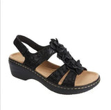 for Women's Summer 2022 Plus Size Casual Round Toe Flower Sandals Women Wedge Roman Sandals Women PU Leather