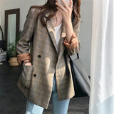 Plaid Double Breasted Women Blazer Oversized Full Sleeve Grid Female Suit Coat Elegant Autumn Women Jackets Outwear