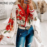Women Chic Floral Pattern Long Lantern Sleeves Criss Crop Basics Blouse