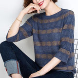 autumn Korean style ice silk striped print loose sweater women 3/4 sleeve casual fashion knitting pullover female