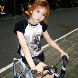 Summer Grunge Tie Dye Print Harajuku Tops Y2k Aesthetic Contrast Casual Slim Fit Crop Tee Streetwear Vintage Fairy