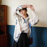 Mountains And Rivers Print Long Sleeve Blouse Women White See Through Collar Shirt Casual 2020 Korean Fashion
