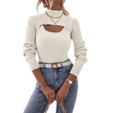 Women's Spring Autumn Outfit Sets Solid Color High Neck Long Sleeve Short Knitwear Ribbed Sling Vest Shirt 2pcs Knitted