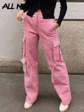Vintage Streetwear Y2K Pink Baggy Cargo Pants 90s Fashion Big Pocket Trim Wide-Leg Full Length High Waist Trousers