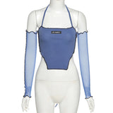 Y2K Fashion Ribbed Anomalistic Hem Cropped Tops with Mesh Sleeve E-girl Backless Lace Up Halter Tanks Streetwear
