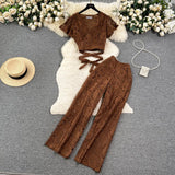 Zingj Socialite Style Suit Female Summer Lace Embroidery Hollow Out V Neck Tied Waist Short Shirt Jacket Wide Leg Slim
