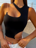Cut Out Rib Knit Crop Top Women Summer Y2K Clothes High Street Grunge Asymmetrical Neck Sleeveless Tank Top