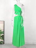 Fashion One Shoulder Green Long Dress Women Hollow Out Bodycon Summer Beach Dresses Side Split Wedding Party Vestidos
