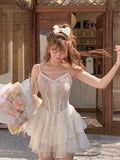 New Women Party Lace Backless Mini Dress Summer Fashion Sexy Sweet Slim Sling Spaghetti Straps V Neck Club Vestidos