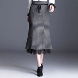 Vintage Plaid Skirts Womens Lace Patchwork High Waist Mermaid Skirt Female Slim Office Clothes Lacintg Midi