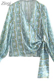 Chain Print Crop Top Woman Blue Wrap Long Sleeve Shirts And Blouses For Women Fashion 2023 Knot Elegant Women's
