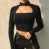 Cut Out Black Harajuku Crop T Shirt Gothic Casual Basic Woman Tshirt Tops Long Sleeve Tee Shirt Women Cool