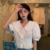 Women Short Solid Peter Pan Collar Puff Sleeve Kawaii Sweet Slim French Style Fashion Designer Student Daily Summer