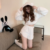 Autumn Winter Women's Plush Sweater Slim Retro Fashion Thickened Short High Waisted Bear Hooded Top and Short