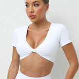 V-neck Sporty T-Shirts Women Sportswear Gym Sport Shirts Short Sleeve Top for Fitness Workout Clothing Female Yoga Crop