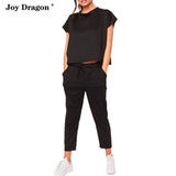 Tracksuits Set Lounge Wear Short Sleeve Tops Long Pants 2pcs Women Sweat Suits Elastic Waist Casual Solid 2020