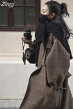 Autumn Winter Long Loose Stylish Warm Plaid Wool Blends Coat Women Sashes Luxury Designer Runway European Fashion