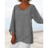Elegant Striped Cross Criss Blouse Casual Long Sleeve V Neck Linen Baggy Shirt Vintage Linen Tunic Tops