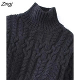 New Women Fashion High Collar Twist Crochet Short Knitting Sweater Female Chic Long Sleeve Cropped Pullovers Tops