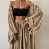 Solid Color Three-Piece Set 2022 Autumn Women Tube Top Beach Dress Crop Top Trousers Long Sleeve Cardigan 3 Piece Set