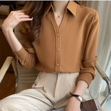 Women Silk Shirts Satin Blouses Women Long Sleeve Shirts Tops Woman White Shirt Blouse Woman V-neck Shirt Top Plus