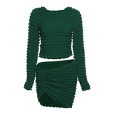 Spring Fashion Sexy Two Piece Set with Low Waist Pencil Skirt Solid Green White Bodycon Long Sleeve O-neck Shirt