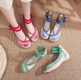 Zingj And White Porcelain Embroidered Cloth Shoes, Spring And Autumn Women's Single Shoes, Casual Double Plate Buckle Retro Shallow