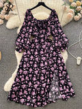 Summer Chiffon Split Midi Dress Women Square Collar Puff Sleeve Elastic Waist Gentle Korean Flora Print Sexy