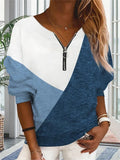 Multicolor Geometric Pattern Long-sleeve Zipper V-neck