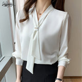 Spring New Fashion Chiffon Women Blouse Office Lady Long Sleeve Solid Women Shirts with Tie V Neck Loose Female