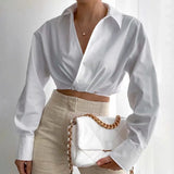 Women Cute Cross V-Neck Hem Bandage Cropped Blouse New Za Vintage Bodycon Smock Summer White Chic Female Shirt