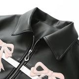 Black Bow Faux Leather Biker Jacket- Outfit