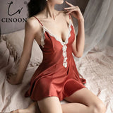 Women Nightgowns Sexy Lace Satin Sleepwear V-neck Nightdress High Quality Homewear Thin Backless Lounge Soft