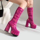 Fashion Women Knee High Boots Flock Platform Chunky High Heel Punk Boots Square Toe Zipper Autumn Winter Ladies