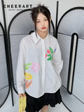 White Floral Long Sleeve Button Up Shirt For Women 2022 Spring Batwing Long Sleeve Casual Top Korean Fashion