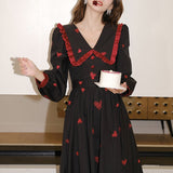 Black Heart Long Dress Elegant Puff Sleeve Christmas Party Dress Female Winter Korean One Piece Gothic Y2K Dress