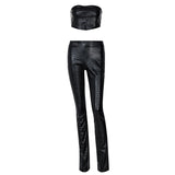 Women Autumn Winter Pu Leather Strapless Crop Tube Tops Long Pants Two Piece Set Suit 2020 Feamle Clothing
