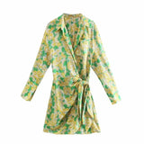 Vintage Green And Yellow Floral Print Shirt-Style Mini Dress 2021 Summer Chic Long Sleeve Wrap Tied Casual