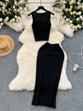 2024 Retro Knitted Two Pieces Sets Sleeveless Short Top+High Waist Slim Long Skirts Female Summer Hotsweet