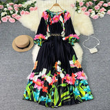 Zingj New Women's Dress Oversized Skirt Print Pleated Waist Lace Holiday