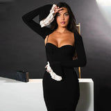 Solid Long Flared Two-piece Crop Sleeve Midi Dress- Outfit