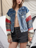 Zingj 2024 New Street Hipster Fan Contrast Color Splicing Knit Sleeve Design Sense Denim Jacket Loose