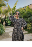 Vintage Floral Long Sleeve Lace Up Korean Fashion Dress Women A Line Loose Knot Ladies Long Midi Dress Tunics